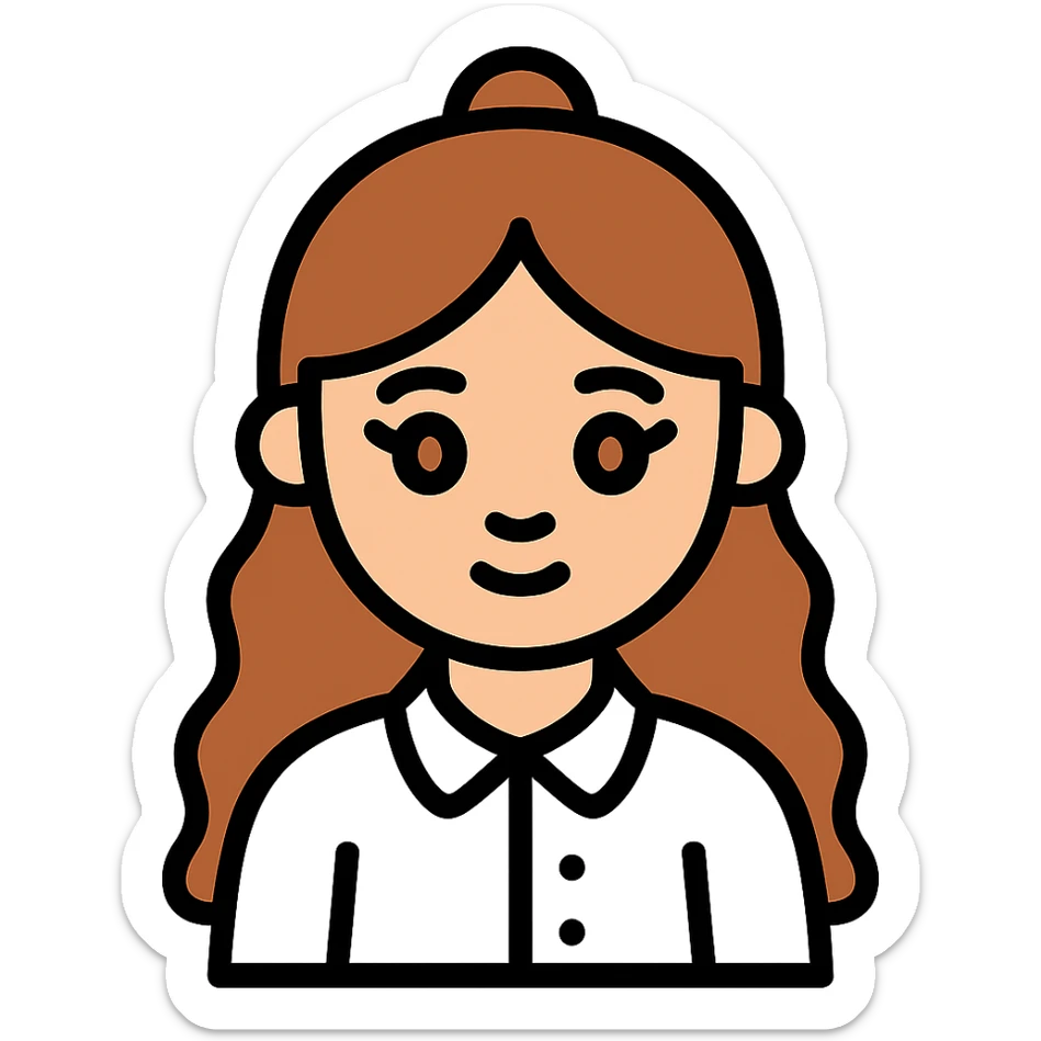 girl with a round face, long wavy brown hair in a half up half down style, brown eyes and long lashes, white button up polo, flat icon style sticker