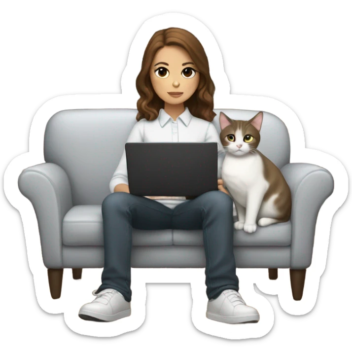 Light skinned girl with brown hair sitting on the couch laptop on her lap next to small gray and white tuxedo cat sticker