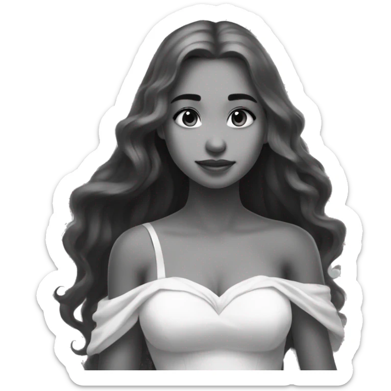 prinvk, 1girl, solo, dress, long hair, bare shoulders, princess, monochrome  sticker