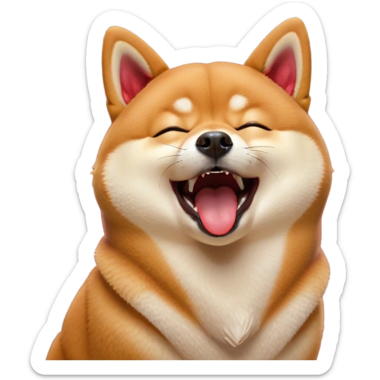 Cinematic Cute Yawning Shiba Inu Portrait Emoji, Head tilted slightly with a dramatic, wide-open yawn, showcasing a vibrant red fur with a soft creamy underbelly, floppy ears slightly drooping, round brown eyes barely open in drowsy contentment, Simplified yet irresistibly adorable features, highly detailed, glowing with a soft, cozy glow, high shine, relaxed yet expressive, stylized with a touch of whimsy, bright and endearing, soft glowing outline, capturing the essence of a sleepy yet affectionate companion, so drowsy it feels like it could stretch out of the screen and curl up for a nap! sticker