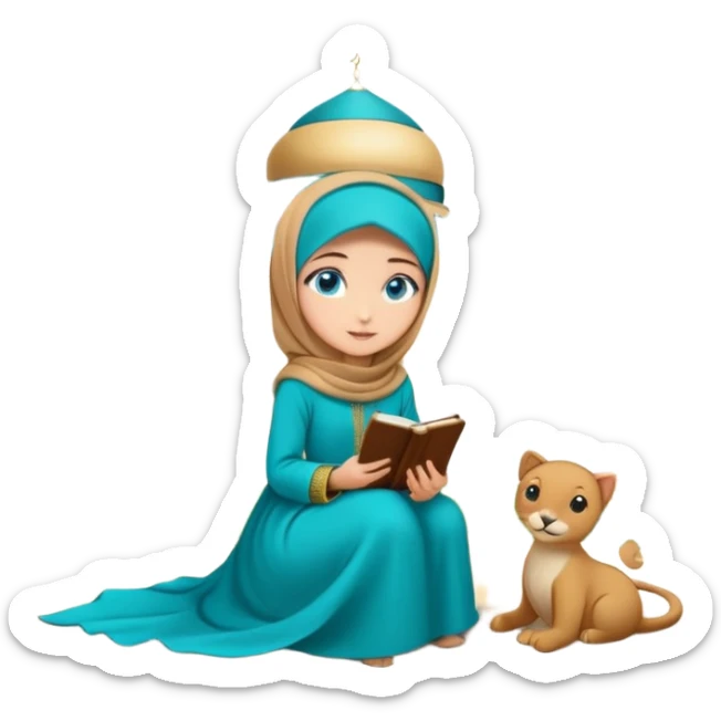 Turkish beautiful finish Konya girl blue eyes with gold hijab and islamic long tailed turquoise dress on the ground at garden and had on her hand text Eid Mubarak  sticker