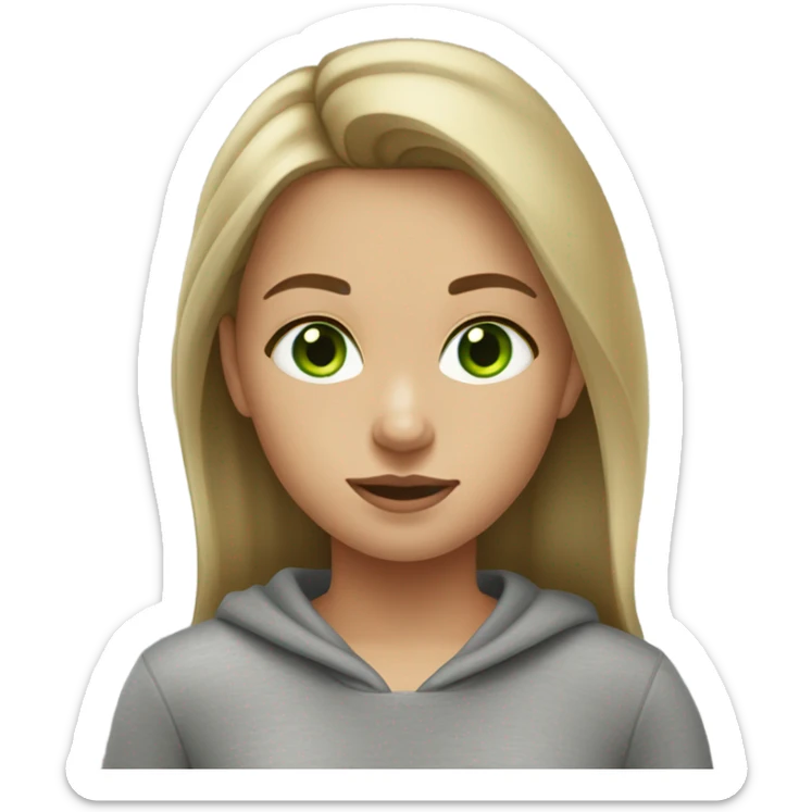 a girl with dirty blonde/brown hair and blonde highlights she is wearing a grey sweatshirt and has green eyes sticker