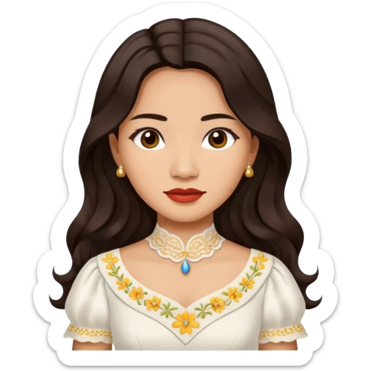 Filipino woman with long dark wavy hair parted in the middle wearing a traditional filipiniana sticker