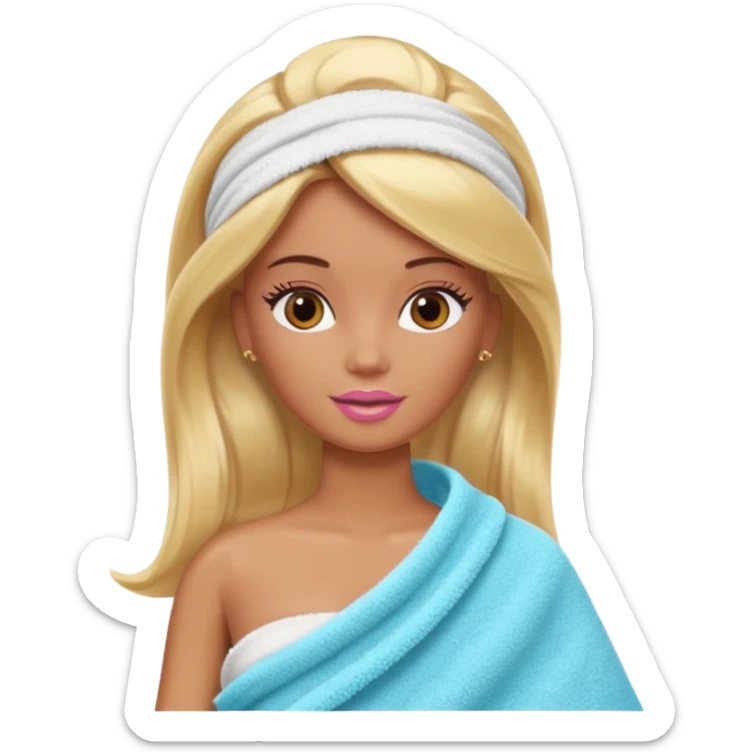 Brown skin blonde hair Barbie with face wash on and hair in towel sticker