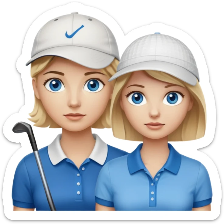 Blonde woman with blue eyes wearing hat playing golf with white man with brown hair and brown eyes wearing blue polo sticker