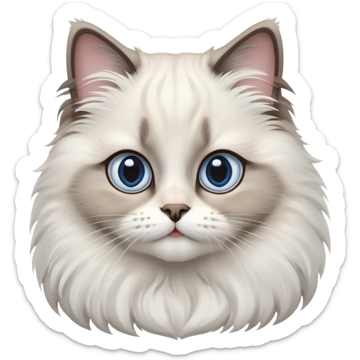 cinematic-adorable-big-eyed-fluffy-ragdoll-cat-portrait-emoji,-head-tilted-playfully-with-a-sweet-expression,-fluffy-white and grey-fur,-simplified-yet-irresistibly-cute-features-with-large,-expression, Large blue eyes sticker