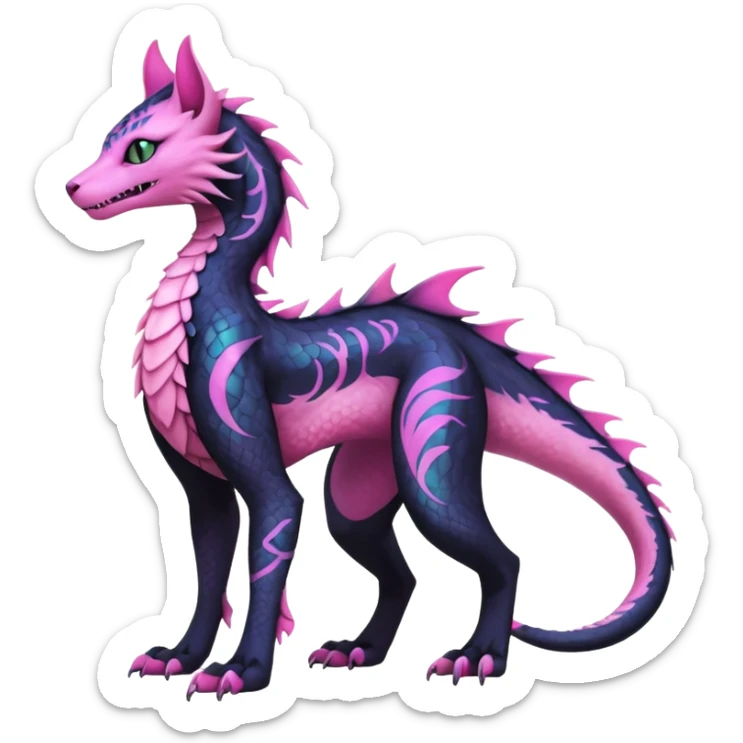 Kawaii black pastel iridescent beautiful pretty elegant divine edgy fantasy feline-vernid-sergal-Haku-dragon-fursona animal creature, full body with intricate markings  sticker
