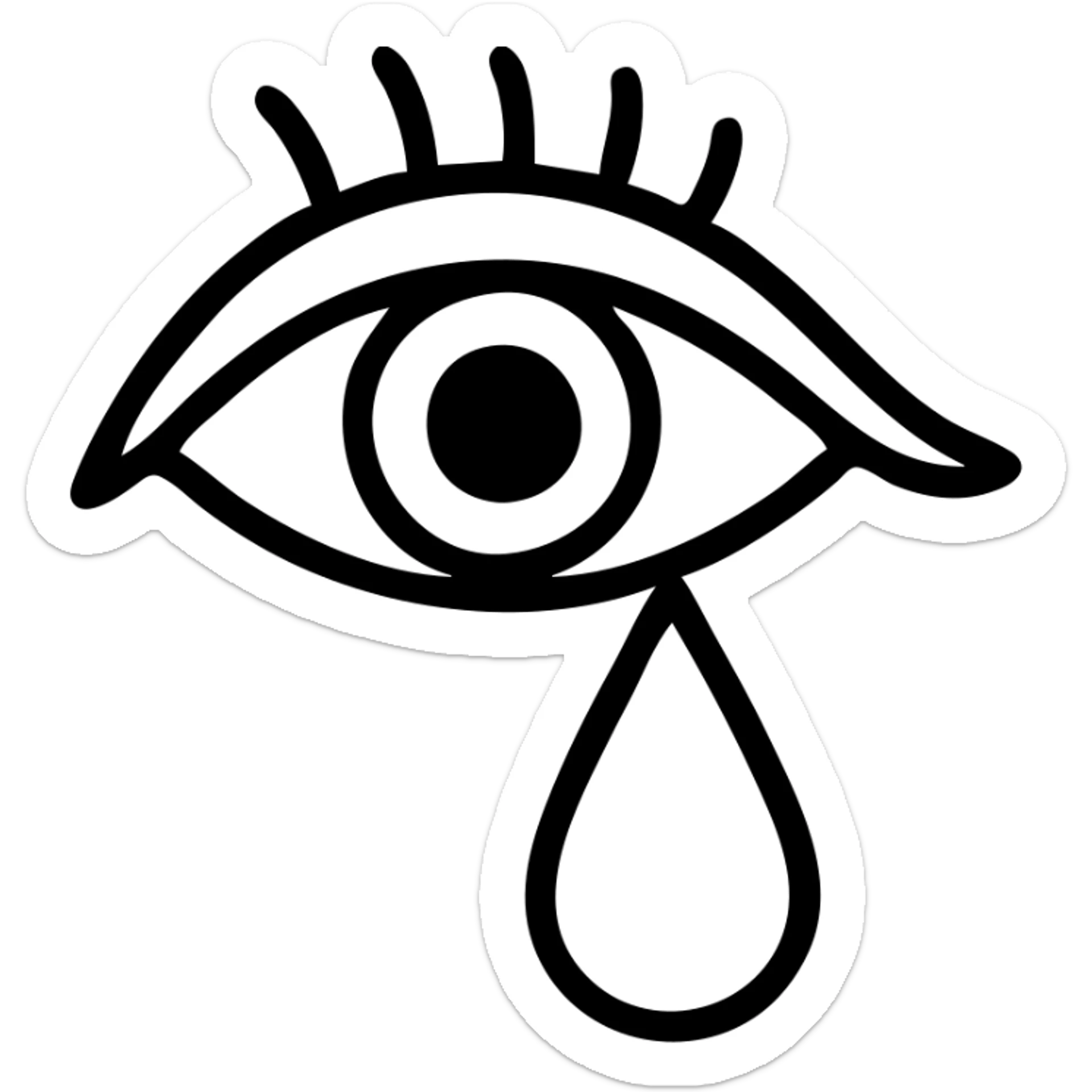 A crying female eye with clear black outlines, colored with beige skin around, brown-red iris, and blue-cyan tear. Add shadows and highlights while preserving graphic style and expressiveness, matching the reference style. sticker
