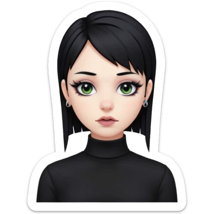 goth girl, straight black hair, verticals labret piercing, black mock neck shirt sticker