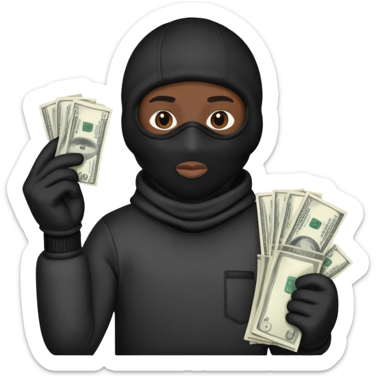 Ski mask holding money bag with black face like skin color black sticker