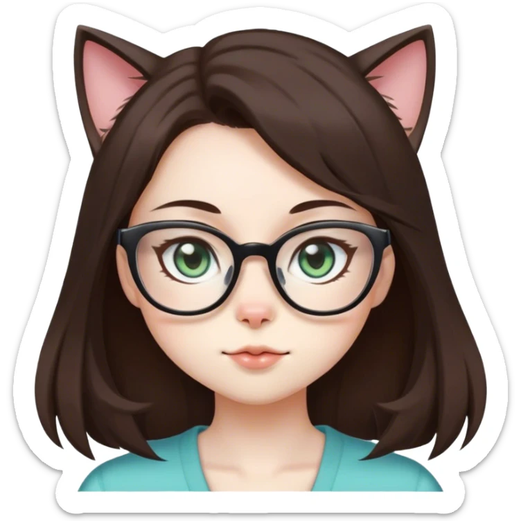 Anime, cat-lady, dark brown hair, square glasses, hazel-green-blue eyes, pale skin sticker