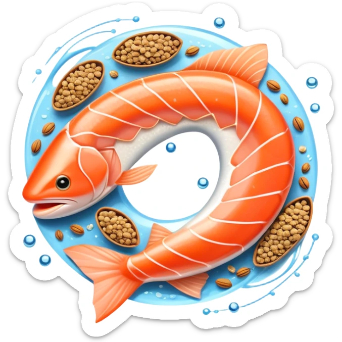 Floating arrangement of omega-3 rich foods: fresh salmon fillets, walnuts, flaxseeds, chia seeds and omega-3 capsules, all emitting a soft golden glow. The foods orbit around a central shimmering omega symbol, with gentle flowing energy connecting them. sticker