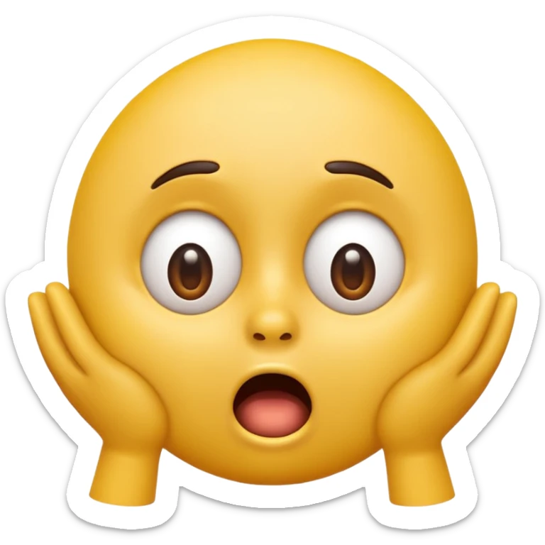 A 3D glossy yellow emoji of a shocked horrified face with no nose, with mouth and eyes are wide open, eyebrows  raised, and hands against their cheeks, black background, high quality, soft studio lighting sticker