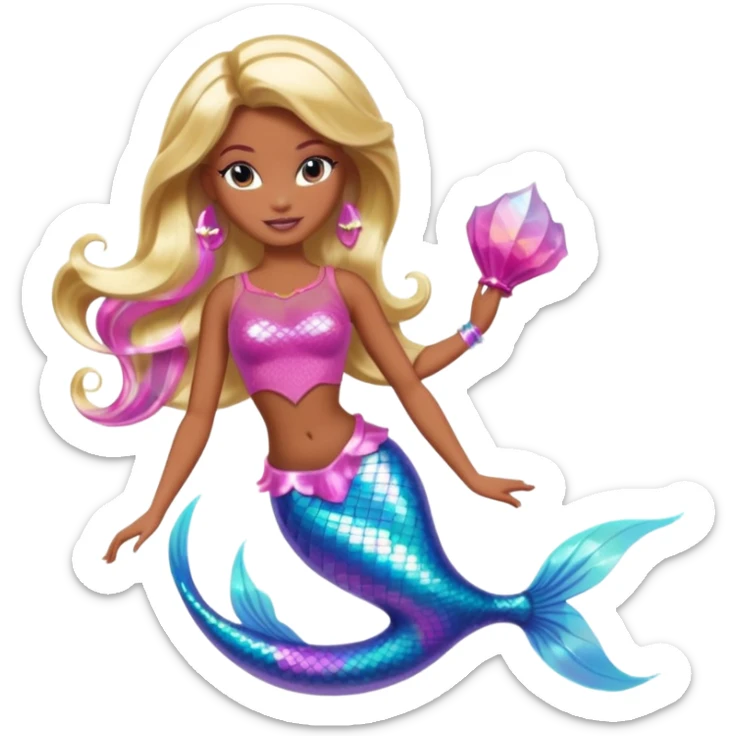Brown skin blonde hair barbie mermaid with holographic tail and pink  in hair sticker