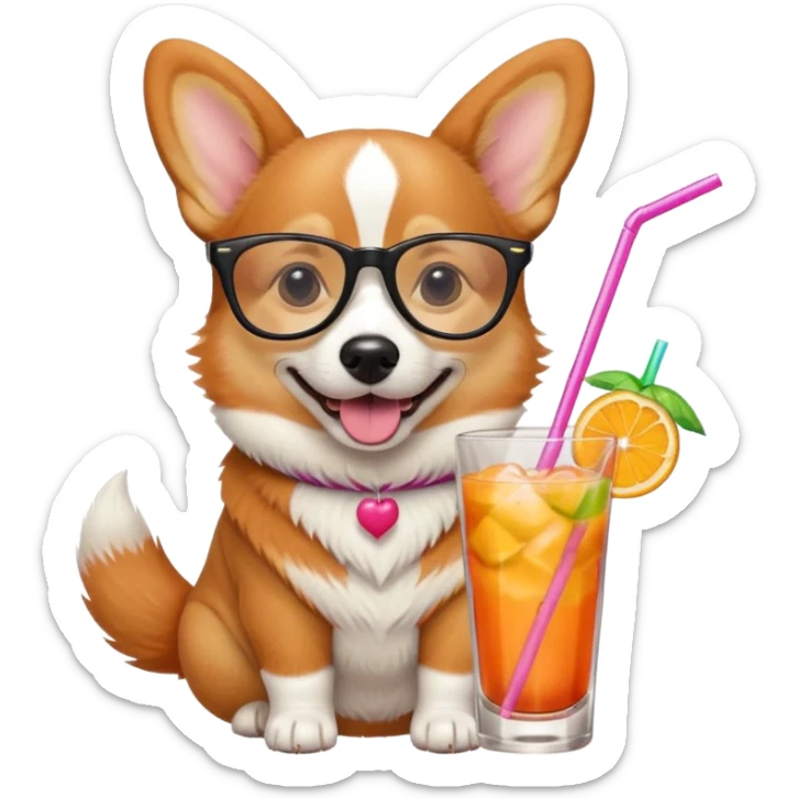 cute corgi dog wearing stylish glasses, happily sipping a colorful cocktail drink through a straw, emoji style sticker