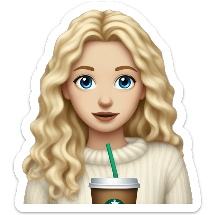 Skinny White girl with blue eyes and wavy long blond hair, in a white sweater drinks a starbucks. sticker