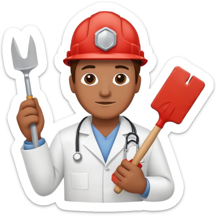 Brick mason wearing a hard hat but in a doctors gown emoji holding a red brick and a brick trowel sticker