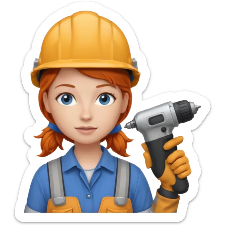 A ginger haired girl blue eyes, handyman Outfit, wearing a Helmet, with drill sticker