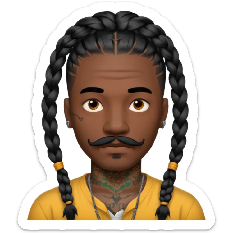 big lose braids starting from the top of the head man with mustache face wiith big visible loose only two braids and lots and lots of colored face tattoos colored tattoos like a tattoo artist hair unique color sticker