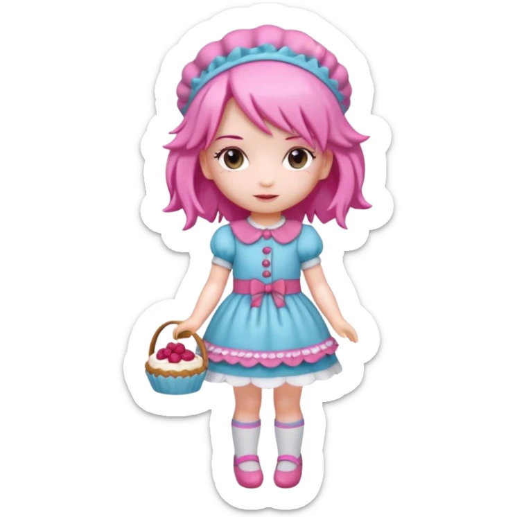 Isolated detaile illustration of the most modern raspberry torte doll figurine full body with pink hair and a hairband sticker