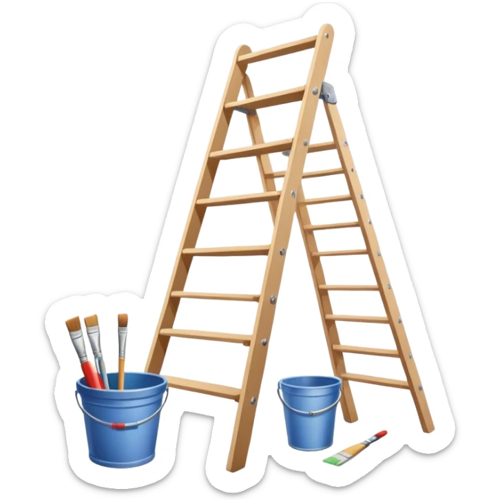 Wall painting icon, wall with an unfinished painting, no frame, a beautiful mural in progress, visible paintbrushes, rollers, and a bucket of paint, wooden ladder beside, minimalistic style, clean lines, transparent background. sticker