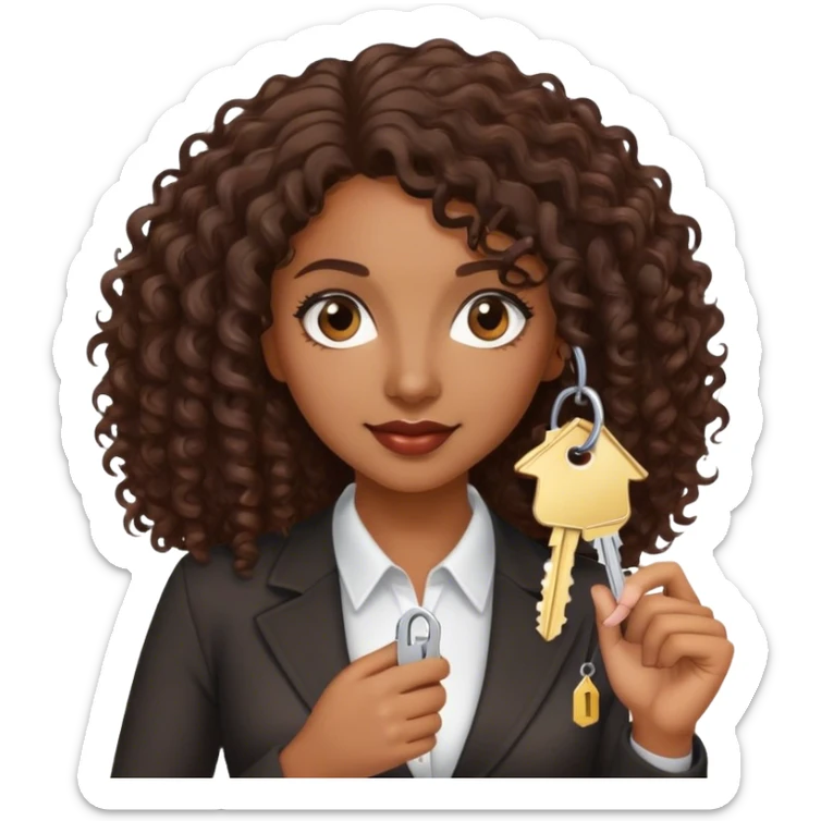 Dark brown lady with medium brown mid length curly hair in real estate job with house and keys sticker