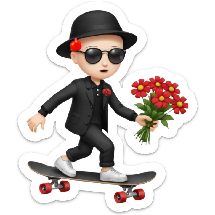 ["Ai sad boy wnith pale sgkin, bald , wearing aa sunhat a nd sunglascses, dresased in gomh fashien, is skrateboardiang while h.olding a f"lower bou]quet."] sticker