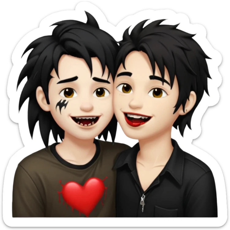 Laughing pale Goth boy with a bunch of face piercings, with shaggy dark brown hair, and messy black eyeliner , smudged, red, lipstick , kissing tan boy with long black hair  sticker