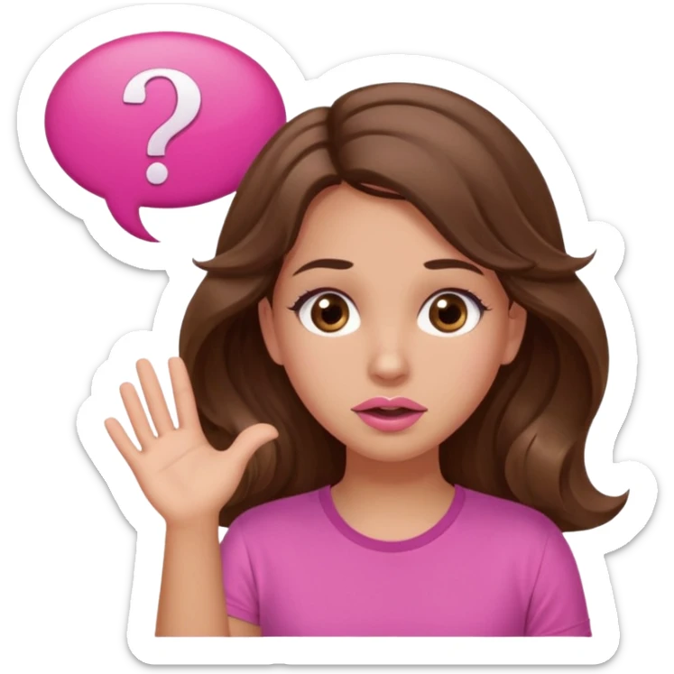 girl with long wavy brown hair, brown eyes, light to medium complexion, in a pink shirt, pink lips, long lashes, shugging, question mark one speech bubble sticker