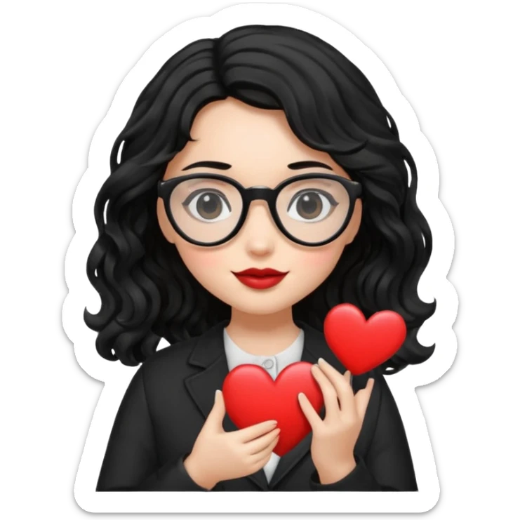 niña con pelo ondulado color negro con lentes negros y tenga un corazon en la mano sticker