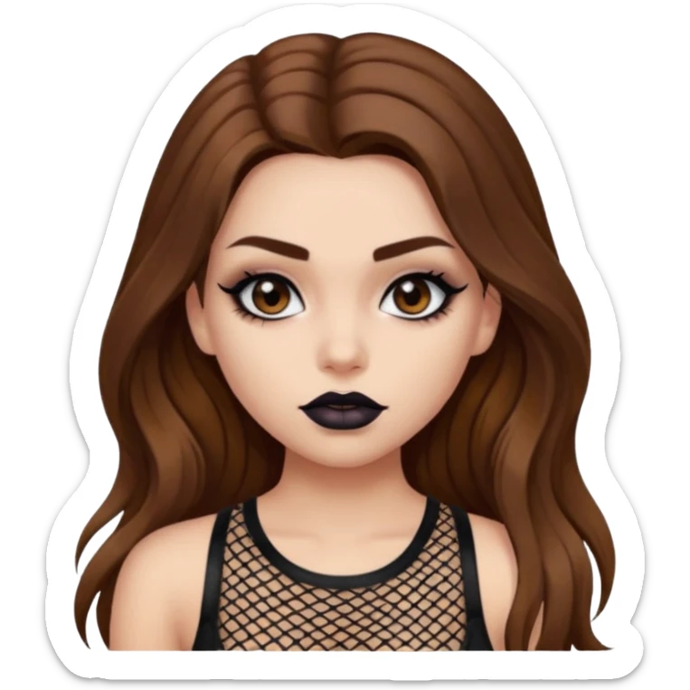 a pretty bratz fair girl with brown long hair styled well, looking like a baddie in a fishnet top and dark brown hair and black lipstick sticker