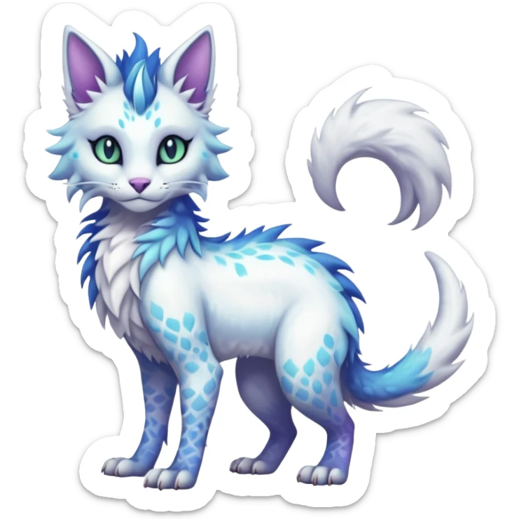 Kawaii white iridescent edgy fantasy feline-vernid-sergal-fursona animal creature with a tufted tail full body with intricate markings  sticker