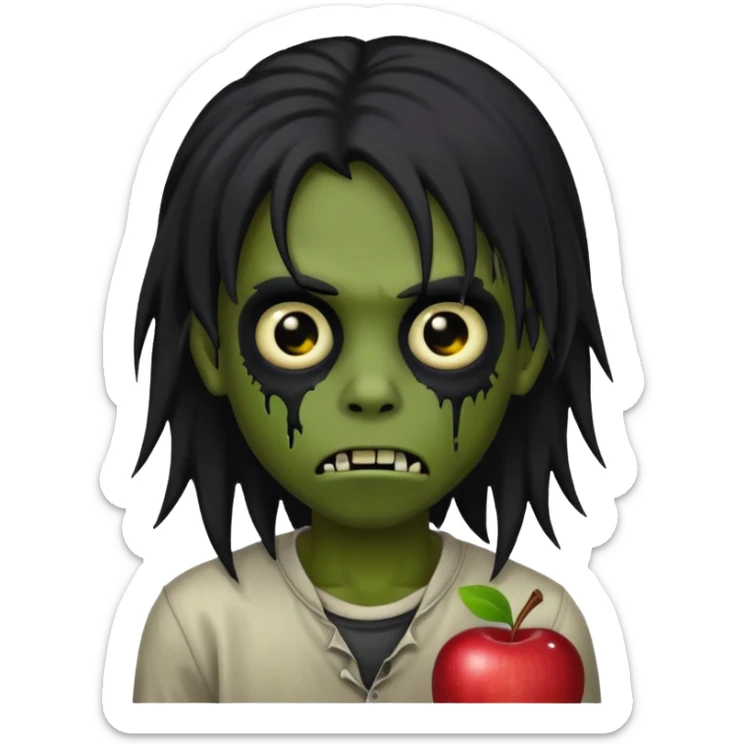 boy zombie, human-like, black emo long hair, creepy, black eyes, dark skin, Apple iPhone emoji style sticker