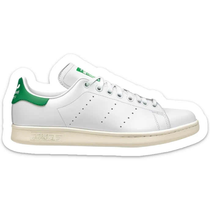 White and green Adidas Stan Smith sneakers with iconic green heel tab and perforated three stripes on the sides sticker