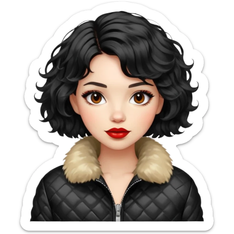 Alluring 1970's French girl french shiny black wavy textured bob haircut tousled hair red lips wearing furry jacket sticker