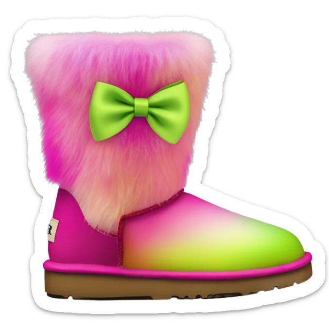 Realistic pair of hot pink to lime green ombre fur Ugg boots with silk ribbon bows. sticker