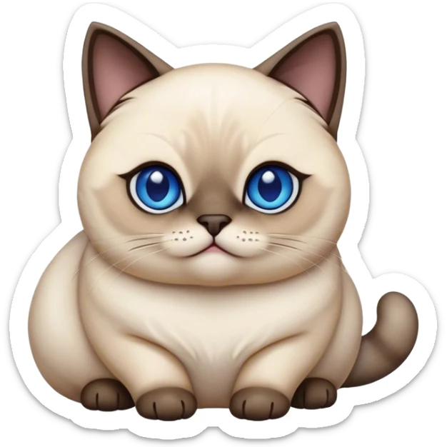 Cinematic Cute Chubby Siamese Cat Portrait Emoji, Round and plump body, soft cream-colored fur with rich dark points on the ears, face, paws, and tail, big, sparkling sapphire-blue eyes, Simplified yet irresistibly adorable features, highly detailed, glowing with a warm, cozy glow, high shine, curious yet calm, stylized with a touch of whimsy, bright and endearing, soft glowing outline, capturing the essence of a mischievous yet lazy and loveable kitty, so cuddly it feels like it could waddle right out of the screen for a snuggle! sticker
