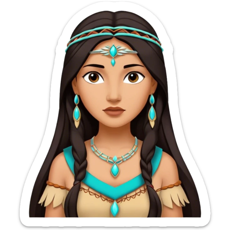 Cinematic Realistic Elegant Pocahontas Portrait, depicted with sun-kissed, warm skin rendered in lifelike detail and soft, natural lighting that accentuates its gentle glow. Her long, flowing dark hair is intricately detailed with natural movement, and her wise, expressive eyes shine with a deep, serene intensity. She is dressed in traditional attire with rich earthy tones and subtle turquoise accents, each fabric fold and texture rendered authentically. The portrait exudes a natural radiance that captures the timeless, indigenous beauty of Pocahontas with depth and authenticity. sticker
