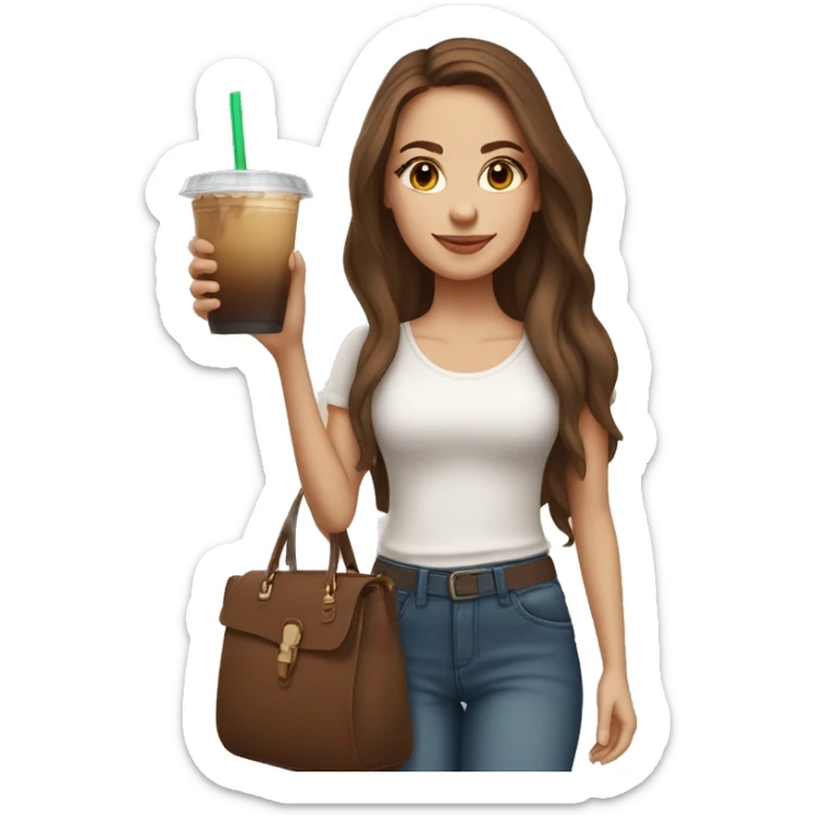 white girl with long brown hair and brown ice has a iced coffee in her hand and a beige handbag in her other hand. she wears a white top and a jeans sticker
