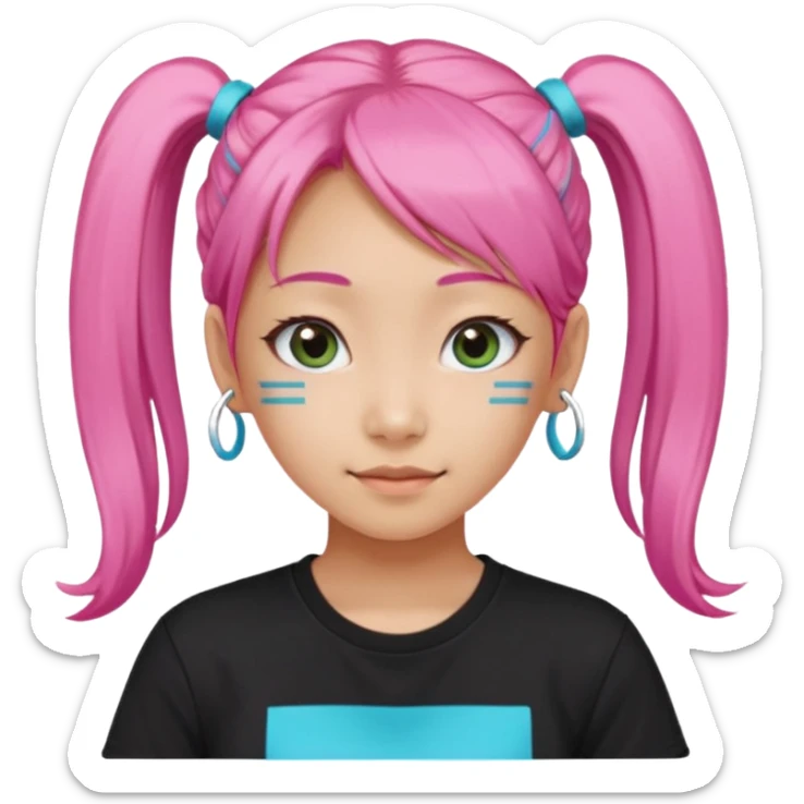 a girl wearing a black t shirt with cyan letters'mira', brave and smart face, narrow eyes, korean girl, small grin,half up half down look with two diagonal pigtails, long pink hair sticker