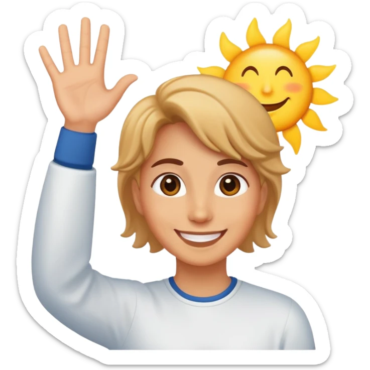 a person waving and saying good morning, sun rising in background, cheerful and friendly sticker