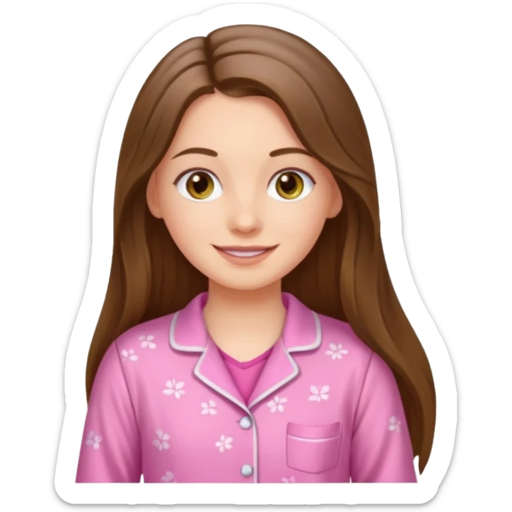happy white long brunette hair girl with hazel eyes and in pink pajamas sticker