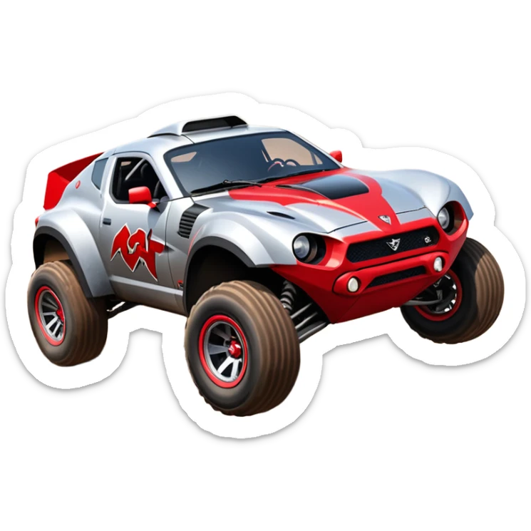 Satan’s (post race) Dirty and dented Local Motors Rally Fighter off road race car hot rod flying turning a tight corner (silver wheels) sticker