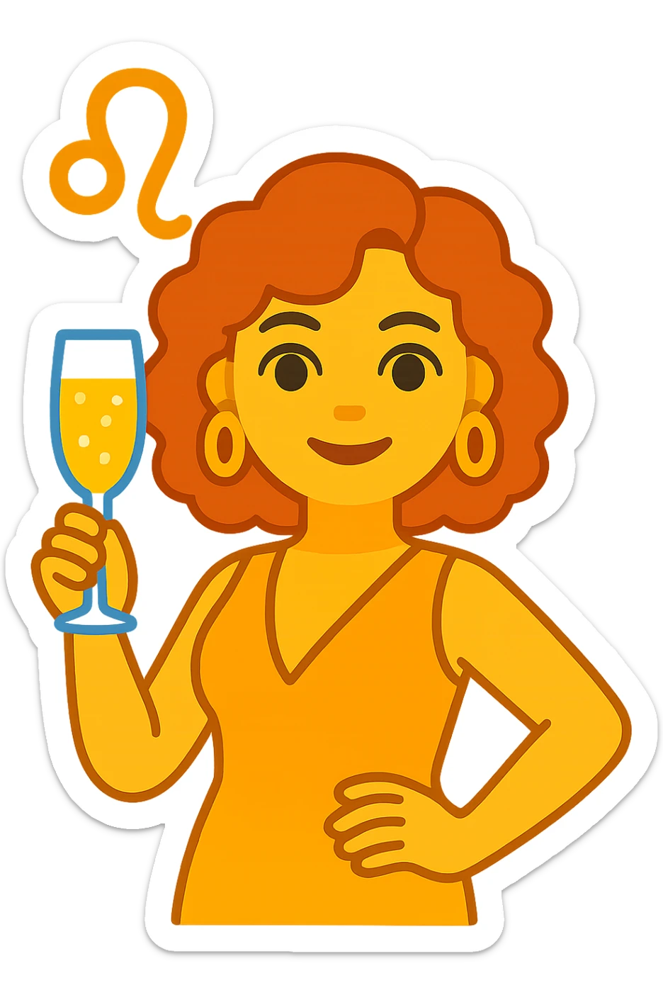 Create a simple and bold illustration of a Leo woman with a glass of champagne in the style of apple emojis. The woman should have a round face, big eyes, and minimal details. The background should be transparent. sticker