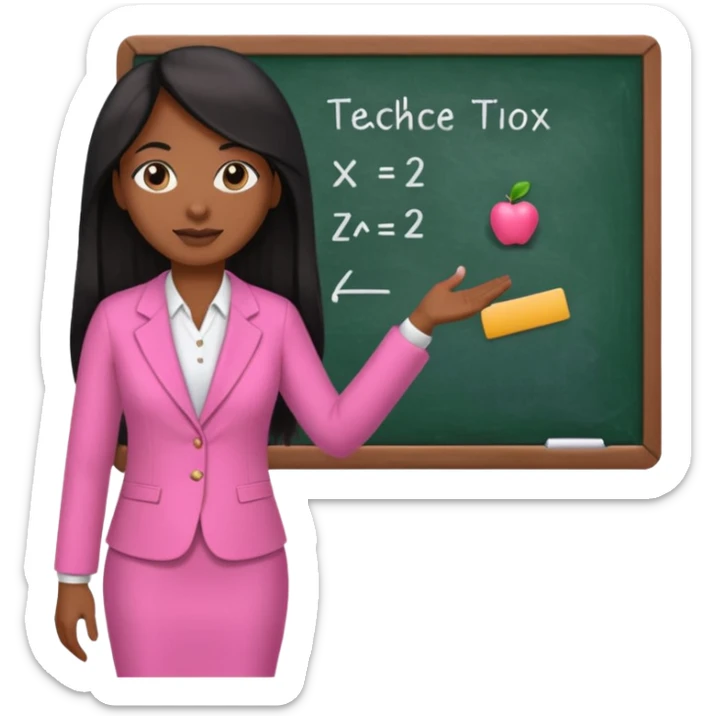 a brown skin teacher with hair with black straight long hair wearing pink not hot pink 2 piece set teaching up on a board sticker