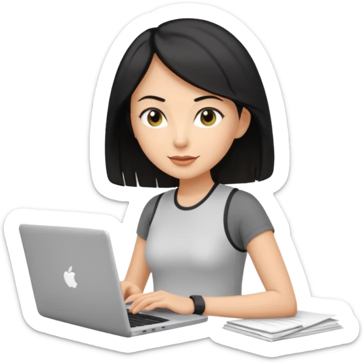 short white lady with black shoulder length hair who is a runner, used to be a teacher, and works remotely through a laptop as a documents engineering manager and is a vegan. sticker