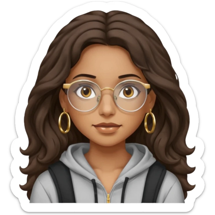 Make a girl with dark brown wavy hair and brown eyes she's tan latina and she has clear glasses and small hold hoop earings make her hair longer and her a hoodie sticker