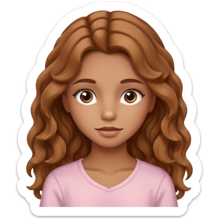teenage girl with wavy long hazelnut hair, wearing blush and mascara sticker