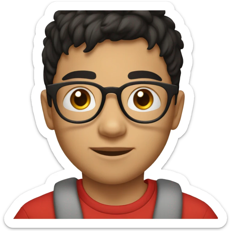 young boy, white, short black hair, brown eyes. He wears black prescription glasses and only a small silver hoop earring in his right ear. Wear a red t-shirt sticker