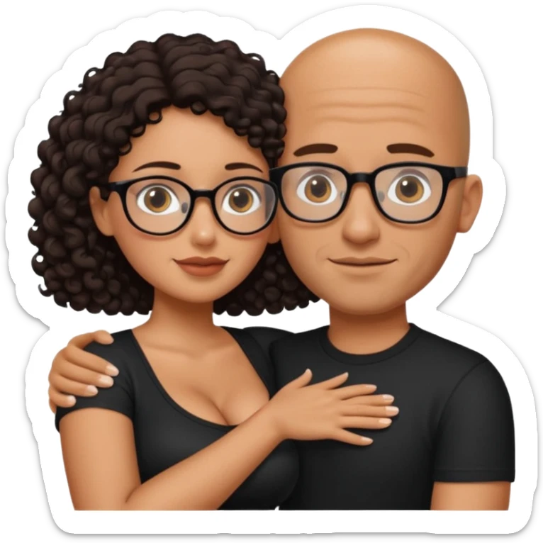 A picture of an embracing tanned couple. the man is a Mexican man with tanned skin, with a bald hair cut, short beard and wearing a black shirt. the woman is short with long curly dark brown hair and with big boobs. Put glasses on the woman only. No glasses on the man sticker